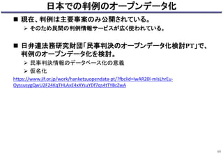 日本での判例のオープンデータ化
 現在、判例は主要事案のみ公開されている。
 そのため民間の判例情報サービスが広く使われている。
 日弁連法務研究財団「民事判決のオープンデータ化検討PT」で、
判例のオープンデータ化を検討。
 民事判決情報のデータベース化の意義
 仮名化
https://www.jlf.or.jp/work/hanketsuopendata-pt/?fbclid=IwAR20l-mIsLhrEu-
OyssusygQwU2F24KqTHLAxE4xXYsuYDf7qs4tTYBcZwA
69
 