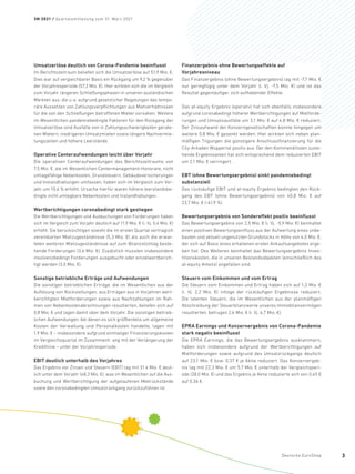 Umsatzerlöse deutlich von Corona-Pandemie beeinflusst
Im Berichtszeitraum beliefen sich die Umsatzerlöse auf 51,9 Mio. €.
Dies war auf vergleichbarer Basis ein Rückgang um 9,2 % gegenüber
der Vorjahresperiode (57,2 Mio. €). Hier wirkten sich die im Vergleich
zum Vorjahr längeren Schließungsphasen in unseren ausländischen
Märkten aus, die u.a. aufgrund gesetzlicher Regelungen das tempo-
räre Aussetzen von Zahlungsverpflichtungen aus Mietverhältnissen
für die von den Schließungen betroffenen Mieter vorsahen. Weitere
im Wesentlichen pandemiebedingte Faktoren für den Rückgang der
Umsatzerlöse sind Ausfälle von in Zahlungsschwierigkeiten gerate-
nen Mietern, niedrigeren Umsatzmieten sowie längere Nachvermie-
tungszeiten und höhere Leerstände.
Operative Centeraufwendungen leicht über Vorjahr
Die operativen Centeraufwendungen des Berichtszeitraums von
7,5 Mio. €, die im Wesentlichen Centermanagement-Honorare, nicht
umlagefähige Nebenkosten, Grundsteuern, Gebäudeversicherungen
und Instandhaltungen umfassen, haben sich im Vergleich zum Vor-
jahr um 10,6 % erhöht. Ursache hierfür waren höhere leerstandsbe-
dingte nicht umlegbare Nebenkosten und Instandhaltungen.
Wertberichtigungen coronabedingt stark gestiegen
Die Wertberichtigungen und Ausbuchungen von Forderungen haben
sich im Vergleich zum Vorjahr deutlich auf 11,9 Mio. € (i. Vj. 0,4 Mio. €)
erhöht. Sie berücksichtigen sowohl die im ersten Quartal vertraglich
vereinbarten Mietzugeständnisse (5,3 Mio. €) als auch die erwar-
teten weiteren Mietzugeständnisse auf zum Bilanzstichtag beste-
hende Forderungen (3,6 Mio. €). Zusätzlich mussten insbesondere
insolvenzbedingt Forderungen ausgebucht oder einzelwertberich-
tigt werden (3,0 Mio. €).
Sonstige betriebliche Erträge und Aufwendungen
Die sonstigen betrieblichen Erträge, die im Wesentlichen aus der
Auflösung von Rückstellungen, aus Erträgen aus in Vorjahren wert-
berichtigten Mietforderungen sowie aus Nachzahlungen im Rah-
men von Nebenkostenabrechnungen resultierten, beliefen sich auf
0,8 Mio. € und lagen damit über dem Vorjahr. Die sonstigen betrieb-
lichen Aufwendungen, bei denen es sich größtenteils um allgemeine
Kosten der Verwaltung und Personalkosten handelte, lagen mit
1,9 Mio. € – insbesondere aufgrund einmaliger Finanzierungskosten
im Vergleichsquartal im Zusammenh ang mit der Verlängerung der
Kreditlinie – unter der Vorjahresperiode.
EBIT deutlich unterhalb des Vorjahres
Das Ergebnis vor Zinsen und Steuern (EBIT) lag mit 31,4 Mio. € deut-
lich unter dem Vorjahr (48,3 Mio. €), was im Wesentlichen auf die Aus-
buchung und Wertberichtigung der aufgelaufenen Mietrückstände
sowie den coronabedingten Umsatzrückgang zurückzuführen ist.
Finanzergebnis ohne Bewertungseffekte auf
Vorjahresniveau
Das Finanzergebnis (ohne Bewertungsergebnis) lag mit -7,7 Mio. €
nur geringfügig unter dem Vorjahr (i. Vj. -7,5 Mio. €) und ist das
Resultat gegenläufiger, sich aufhebender Effekte.
Das at-equity Ergebnis (operativ) hat sich ebenfalls insbesondere
aufgrund coronabedingt höherer Wertberichtigungen auf Mietforde-
rungen und Umsatzausfälle um 3,1 Mio. € auf 4,8 Mio. € reduziert.
Der Zinsaufwand der Konzerngesellschaften konnte hingegen um
weitere 0,8 Mio. € gesenkt werden. Hier wirkten sich neben plan-
mäßigen Tilgungen die günstigere Anschlussfinanzierung für die
­
City-Arkaden Wuppertal positiv aus. Der den Kommanditisten zuste-
hende Ergebnisanteil hat sich entsprechend dem reduzierten EBIT
um 2,1 Mio. € verringert.
EBT (ohne Bewertungsergebnis) sinkt pandemiebedingt
substanziell
Das rückläufige EBIT und at-equity Ergebnis bedingten den Rück-
gang des EBT (ohne Bewertungsergebnis) von 40,8 Mio.  € auf
23,7 Mio. € (-41,9 %).
Bewertungsergebnis von Sondereffekt positiv beeinflusst
Das Bewertungsergebnis von 2,5 Mio. € (i. Vj. -5,9 Mio. €) beinhaltet
einen positiven Bewertungseinfluss aus der Aufwertung eines unbe-
bauten und aktuell ungenutzten Grundstücks in Höhe von 4,0 Mio. €,
der sich auf Basis eines erhaltenen ersten Ankaufsangebotes erge-
ben hat. Des Weiteren beinhaltet das Bewertungsergebnis Inves-
titionskosten, die in unseren Bestandsobjekten (einschließlich des
­
at-equity Anteils) angefallen sind.
Steuern vom Einkommen und vom Ertrag
Die Steuern vom Einkommen und Ertrag haben sich auf 1,2 Mio. €
(i. Vj. 2,2 Mio.  €) infolge der rückläufigen Ergebnisse reduziert.
Die latenten Steuern, die im Wesentlichen aus der planmäßigen
Abschreibung der Steuerbilanzwerte unseres Immobilienvermögen
resultierten, betrugen 2,6 Mio. € (i. Vj. 4,7 Mio. €).
EPRA Earnings und Konzernergebnis von Corona-Pandemie
stark negativ beeinflusst
Die EPRA Earnings, die das Bewertungsergebnis ausklammern,
haben sich insbesondere aufgrund der Wertberichtigungen auf
Mietforderungen sowie aufgrund des Umsatzrückgangs deutlich
auf 23,1 Mio. € bzw. 0,37 € je Aktie reduziert. Das Konzernergeb-
nis lag mit 22,3 Mio. € um 5,7 Mio. € unterhalb der Vergleichsperi-
ode (28,0 Mio. €) und das Ergebnis je Aktie reduzierte sich von 0,45 €
auf 0,36 €.
3M 2021 / Quartalsmitteilung zum 31. März 2021
Deutsche EuroShop 3
 