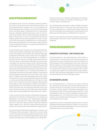 NACHTRAGSBERICHT
Zur Eindämmung der Coronavirus-Pandemie wurden von behörd-
licher Seite im ersten Quartal die weitreichenden Sicherheits- und
Quarantänemaßnahmen fortgeführt, die u.a. eine Schließung von
Einzelhandelsgeschäften vorsehen, die nicht der Grundversorgung
dienen. Ausnahmen gelten im Wesentlichen nur für Lebensmittel,
Drogerien, Apotheken, Bankdienstleistungen sowie für eine limi-
tierte Anzahl weiterer Waren und Dienstleistungen des täglichen
Bedarfs. Aktuell sind nur unsere vier ausländischen Center unter
Auflagen geöffnet. Bei dem überwiegenden Teil unserer 17 deut-
schen Center sind weiterhin im Wesentlichen nur die Geschäfte für
die Grundversorgung geöffnet. In den einzelnen Ländern gestalten
sich die fortgesetzten Sicherheits- und Quarantänemaßnahmen im
Aufstellungszeitraum wie folgt:
Für Deutschland wurden die bereits seit 16. Dezember 2020 beste-
henden weitreichenden Schließungen des Einzelhandels im ers-
ten Quartal fortgesetzt. Die ab 8. März 2021 geltenden Regelungen
erlauben dem Einzelhandel, wieder zu öffnen, wenn eine stabile Sie-
ben-Tage-Inzidenz von unter 50 Neuinfektionen pro 100.000 Ein-
wohner erreicht wird. Bei einer Drei-Tage-Inzidenz zwischen 50 und
100 sollten Käufe im stationären Einzelhandel mit Terminvereinba-
rung möglich sein. Bei einer Inzidenz von über 100 sollte die soge-
nannte Notbremse gelten, die eine Rücknahme der Öffnungsschritte
vorsieht. Die Umsetzung der Notbremse obliegt dabei den Landes-
regierungen der Bundesländer. Parallel dazu wurden weitere regi-
onal sehr unterschiedliche und für stationäre Einzelhändler ein-
schneidende Geschäftseinschränkungen eingeführt, beispielsweise
die Beschränkung auf Konzepte wie „Click  Collect“ oder „Click 
Meet“. Im Ergebnis ließen diese Regelungen aufgrund der Pande-
mielage bisher nur kurze und punktuelle Öffnungen von Geschäften
zu, so dass ein profitabler Geschäftsbetrieb in der Regel nicht mög-
lich war. Seit 23. April 2021 gilt auf Grundlage der beschlossenen
Änderungen am Infektionsschutzgesetz zusätzlich eine bundesein-
heitliche Notbremse, die innerhalb einer Sieben-Tage-Inzidenz von
100 bis 150 vorsieht, dass Terminshopping mit Maske und Test zuge-
lassen werden kann. Aber auch hier dürfen die einzelnen Bundes-
länder regional strengere Maßnahmen beschließen und umsetzen.
In Polen wurden die seit 28. Dezember 2020 geltenden Schließungs-
maßnahmen für Geschäfte in Shoppingcentern unter Auflagen wie
Maskenpflicht und Einhaltung einer Quadratmeter-abhängigen
Maximalzahl von Kunden zum 1. Februar 2021 wieder aufgehoben,
jedoch ab 13. März 2021 regional und ab 20. März 2021 landesweit
wieder eingeführt. Am 4. Mai 2021 wurde die Öffnung des Einzel-
handels unter Einhaltung von Schutzmaßnahmen wieder gestattet.
Die weitreichende Schließung des Einzelhandels in Tschechien seit
27. Dezember 2020 wurde ab dem 1. März 2021 verschärft und die
Liste der Geschäfte, die weiterhin geöffnet bleiben dürfen, wurde
weiter eingeschränkt. Hier erfolgte eine Wiedereröffnung des Einzel-
handels unter Beachtung von Schutzmaßnahmen am 10. Mai 2021.
Österreich hat die seit 26. Dezember 2020 geltenden Schließungs-
maßnahmen des Handels unter Auflagen mit Wirkung zum 8. Feb-
ruar 2021 wieder zurückgenommen.
Eine Schließung des Einzelhandels in Ungarn erfolgte erstmalig im
Zeitraum 8. März 2021 bis 7. April 2021. Zuvor war aber auch hier
der Gastronomiebetrieb nur eingeschränkt möglich (Take-away)
und der Einzelhandel hatte die geltenden Schutzmaßnahmen wie
Begrenzung der Öffnungszeiten und Maskenpflicht zu beachten.
Darüber hinaus sind keine wesentlichen Ereignisse zwischen dem
Bilanzstichtag 31. März 2021 und dem Tag der Abschlusserstellung
eingetreten.
PROGNOSEBERICHT
ERWARTETE ERTRAGS- UND FINANZLAGE
Die Unsicherheiten für den Geschäftsbetrieb unserer Mieter in
unseren Centern, für die Konjunktur und für das Konsumklima sind
­
aufgrund der Coronavirus-Pandemie weiter sehr hoch. Weiterhin ist
für den Hauptteil unserer Shoppingcenter unklar, wann und wie eine
Öffnung erfolgen kann. Eine Einschätzung der negativen Auswirkun-
gen der weiter andauernden Pandemie auf unser operatives Ergeb-
nis und damit eine Prognose für das Geschäftsjahr 2021 ist daher
unverändert nicht möglich. Wir erwarten weiterhin, dass Umsatzer-
löse, EBIT, EBT (ohne Bewertungsergebnis) und die FFO unterhalb
der Geschäftszahlen des Jahres 2020 liegen werden.
DIVIDENDENPLANUNG
Als Vorsorgemaßnahme zur Sicherung und weiteren Stärkung
der Liquidität der Gesellschaft hat der Vorstand beschlossen, der
Hauptversammlung vorzuschlagen, aus dem nach Einstellung in
die anderen Gewinnrücklagen verbleibenden Bilanzgewinn des
Geschäftsjahres 2020 und unter Beachtung des § 254 Abs. 1 AktG
eine Dividende in Höhe von 4 % des Grundkapitals (entspricht einer
Gesamtdividende von 2.471.343,76 € bzw. 0,04 € je Aktie) auszu-
schütten und den Restbetrag des Bilanzgewinns (41.311.535,84 €)
auf neue Rechnung vorzutragen.
Ungeachtet der zuletzt coronabedingt ausgesetzten bzw. limitierten
Dividendenzahlungen beabsichtigen wir weiterhin, an unserer auf
Kontinuität ausgerichtete Dividendenpolitik nach dem Ende dieser
außergewöhnlichen Situation festzuhalten.
3M 2021 / Quartalsmitteilung zum 31. März 2021
Deutsche EuroShop 6
 