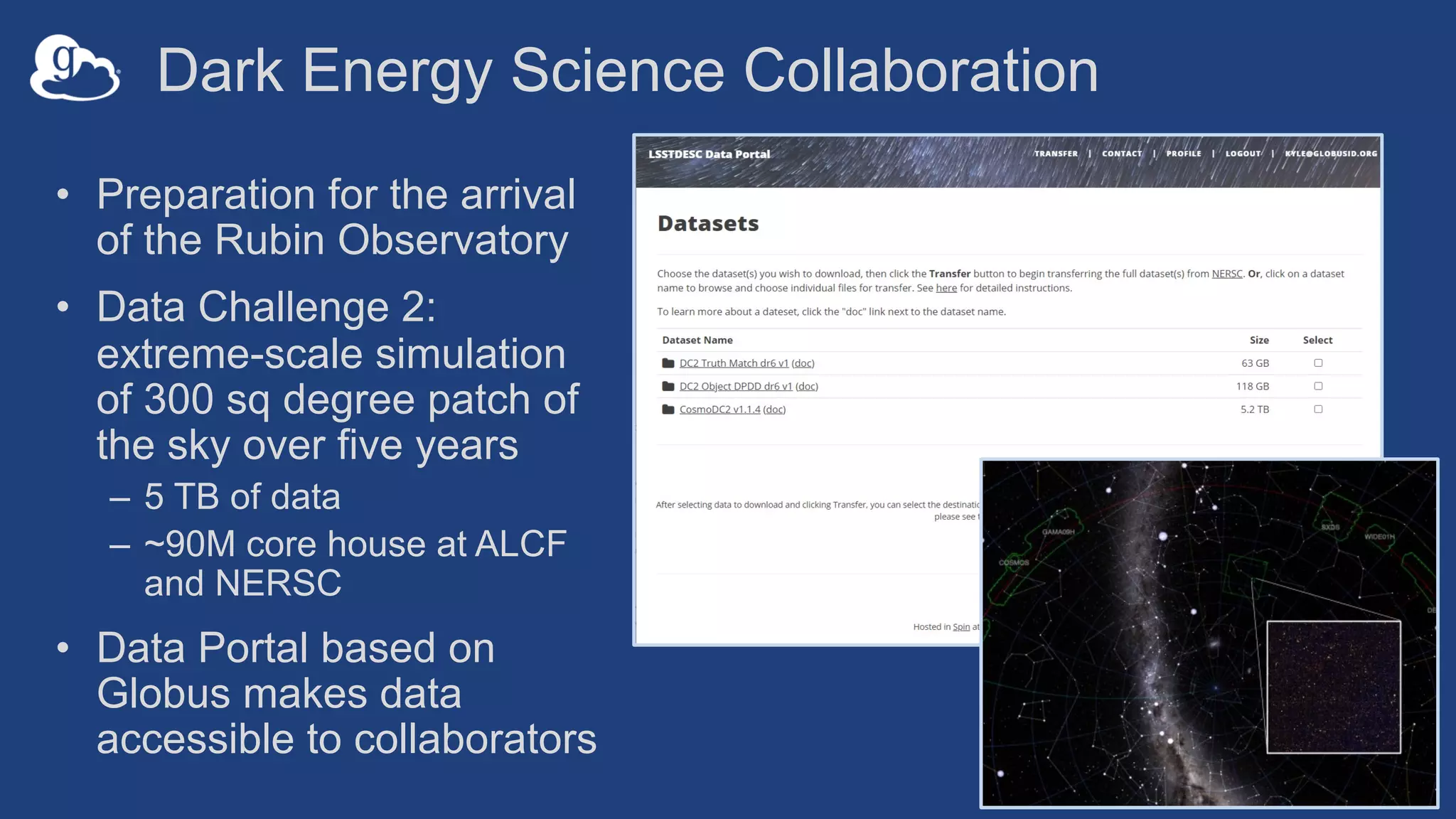 Dark Energy Science Collaboration
• Preparation for the arrival
of the Rubin Observatory
• Data Challenge 2:
extreme-scale simulation
of 300 sq degree patch of
the sky over five years
– 5 TB of data
– ~90M core house at ALCF
and NERSC
• Data Portal based on
Globus makes data
accessible to collaborators
21
 