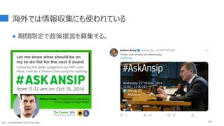海外では情報収集にも使われている
 期間限定で政策提言を募集する。
116
GDC : GOVERNMENT DATA COLLEGE
 