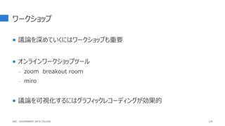 ワークショップ
 議論を深めていくにはワークショップも重要
 オンラインワークショップツール
- zoom breakout room
- miro
 議論を可視化するにはグラフィックレコーディングが効果的
120
GDC : GOVERNMENT DATA COLLEGE
 