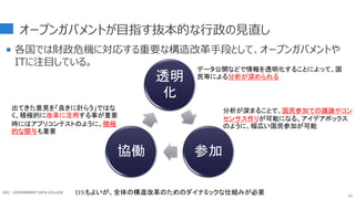 オープンガバメントが目指す抜本的な行政の見直し
 各国では財政危機に対応する重要な構造改革手段として、オープンガバメントや
ITに注目している。
42
透明
化
参加
協働
データ公開などで情報を透明化することによって、国
民等による分析が深められる
分析が深まることで、国民参加での議論やコン
センサス作りが可能になる。アイデアボックス
のように、幅広い国民参加が可能
出てきた意見を「良きに計らう」ではな
く、積極的に改革に活用する事が重要
時にはアプリコンテストのように、積極
的な関与も重要
DXもよいが、全体の構造改革のためのダイナミックな仕組みが必要
GDC : GOVERNMENT DATA COLLEGE
 