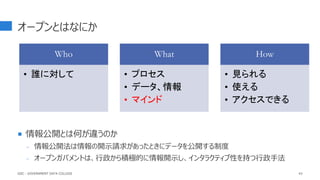 オープンとはなにか
Who
• 誰に対して
What
• プロセス
• データ、情報
• マインド
How
• 見られる
• 使える
• アクセスできる
43
 情報公開とは何が違うのか
- 情報公開法は情報の開示請求があったときにデータを公開する制度
- オープンガバメントは、行政から積極的に情報開示し、インタラクティブ性を持つ行政手法
GDC : GOVERNMENT DATA COLLEGE
 