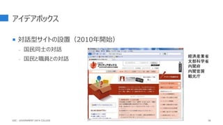 アイデアボックス
 対話型サイトの設置（2010年開始）
- 国民同士の対話
- 国民と職員との対話
58
経済産業省
文部科学省
内閣府
内閣官房
観光庁
GDC : GOVERNMENT DATA COLLEGE
 