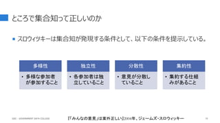 ところで集合知って正しいのか
 スロウィツキーは集合知が発現する条件として、以下の条件を提示している。
75
多様性
• 多様な参加者
が参加すること
独立性
• 各参加者は独
立していること
分散性
• 意見が分散し
ていること
集約性
• 集約する仕組
みがあること
『「みんなの意見」は案外正しい』2004年、ジェームズ・スロウィッキー
GDC : GOVERNMENT DATA COLLEGE
 