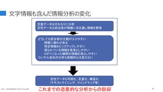82
文字情報も含んだ情報分析の変化
これまでの恣意的な分析からの脱却
定量データはそれなりに分析
定性データは担当者が情報に目を通し情報を整理
どうしても担当者の主観が入りやすい
情報に漏れがある
特定情報をピックアップしやすい
埋もれている情報を見落としやすい
０が１になった瞬間の情報を落としやすい
コンサル会社の分析も客観的とは言えない
定性データも可視化、定量化、構造化
（テキストマイニング、マインドマップ等）
GDC : GOVERNMENT DATA COLLEGE
 