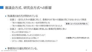 審議会方式、研究会方式への影響
 有識者のあり方が問われている
- 会議１：並行したネット議論に対して、委員からの「我々の議論と同じではないか」という発言
‣ 「我々の議論と同じではないか」→あまり効果がないな
‣ 「我々の議論と同じではないか」→我々の意見が裏付けられてほっとした
- 会議２：並行して行うネット議論に参加しない委員が圧倒的に多い
‣ 忙しいので参加できない？
‣ 自分が意見を誘導してしまうことを恐れている？
‣ 自分の意見を否定されることが怖い？
‣ リテラシーが低く、意見活用や投げかけでの使い方がわからない？
 事務局の力量も問われている。 86
委員によってとらえ方が違った
※結果ヒアリングができなかった
GDC : GOVERNMENT DATA COLLEGE
 