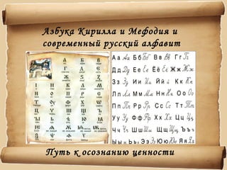 Азбука Кирилла и Мефодия и
современный русский алфавит
Путь к осознанию ценности
 