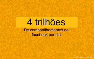 4 trilhões
De compartilhamentos no
facebook por dia
FONTE: http://cnet.co/16BXnKB
 