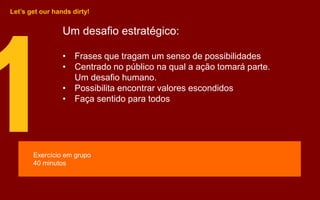 Um desafio estratégico:
• Frases que tragam um senso de possibilidades
• Centrado no público na qual a ação tomará parte.
Um desafio humano.
• Possibilita encontrar valores escondidos
• Faça sentido para todos
Let’s get our hands dirty!
Exercício em grupo
40 minutos
 