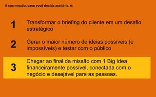 A sua missão, caso você decida aceitá-la, é:
Transformar o briefing do cliente em um desafio
estratégico
Gerar o maior número de ideias possíveis (e
impossíveis) e testar com o público
Chegar ao final da missão com 1 Big Idea
financeiramente possível, conectada com o
negócio e desejável para as pessoas.
1
2
3
 