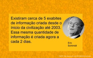 Existiram cerca de 5 exabites
de informação criada desde o
ínicio da civilização até 2003.
Essa mesma quantidade de
informação é criada agora a
cada 2 dias.
FONTE: http://techcrunch.com/2010/08/04/schmidt-data/
Eric
Schimidt
 