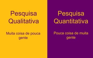 Pesquisa
Qualitativa
Pesquisa
Quantitativa
Pouca coisa de muita
gente
Muita coisa de pouca
gente
 