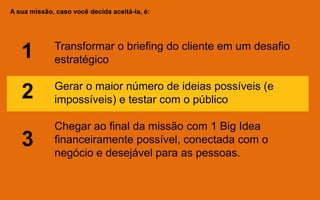A sua missão, caso você decida aceitá-la, é:
Transformar o briefing do cliente em um desafio
estratégico
Gerar o maior número de ideias possíveis (e
impossíveis) e testar com o público
Chegar ao final da missão com 1 Big Idea
financeiramente possível, conectada com o
negócio e desejável para as pessoas.
1
2
3
 
