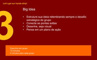 Big Idea
• Estruture sua ideia relembrando sempre o desafio
estratégico do grupo
• Conecte as pontas soltas
• Desenhe, seja visual
• Pense em um plano de ação
Let’s get our hands dirty!
Exercício em grupo
10 minutos
5 minutos para cada grupo
 