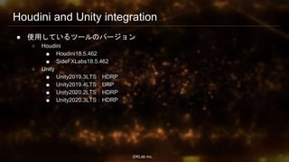 ⒸKLab inc.
Houdini and Unity integration
● 使用しているツールのバージョン
○ Houdini
■ Houdini18.5.462
■ SideFXLabs18.5.462
○ Unity
■ Unity2019.3LTS：HDRP
■ Unity2019.4LTS：URP
■ Unity2020.2LTS：HDRP
■ Unity2020.3LTS：HDRP
14
 