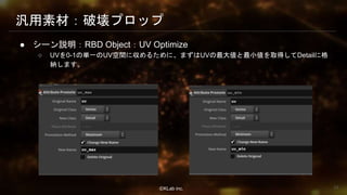 ⒸKLab inc.
汎用素材：破壊プロップ
● シーン説明：RBD Object：UV Optimize
○ UVを0-1の単一のUV空間に収めるために、まずはUVの最大値と最小値を取得してDetailに格
納します。
34
 