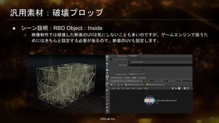 ⒸKLab inc.
汎用素材：破壊プロップ
● シーン説明：RBD Object：Inside
○ 映像制作では破壊した断面のUVは気にしないことも多いのですが、ゲームエンジンで扱うた
めにはきちんと設定する必要があるので、断面のUVも設定します。
39
 