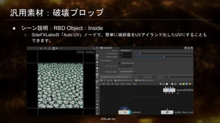 ⒸKLab inc.
汎用素材：破壊プロップ
● シーン説明：RBD Object：Inside
○ SideFXLabsの「Auto UV」ノードで、簡単に破砕面をUVアイランド化したUVにすることも
できます。
41
 