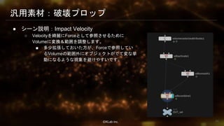 ⒸKLab inc.
汎用素材：破壊プロップ
● シーン説明：Impact Velocity
○ Velocityを綺麗にForceとして参照させるために
Volumeに変換＆範囲を調整します。
■ 多少拡張しておいた方が、Forceで参照してい
るVolumeの範囲外にオブジェクトがでて変な挙
動になるような現象を避けやすいです。
48
 