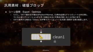 ⒸKLab inc.
汎用素材：破壊プロップ
● シーン説明：Export：Optimize
○ ただし、VATで書き出す場合はPositionやNormal、Cd等の必要なアトリビュート以外を残し
ていると逆にアニメーションが上手く反映されない不具合が起こることがあります。
○ VATで使用する場合は「Clean」SOP等でアトリビュートを大胆に整理する事を推奨します。
54
 