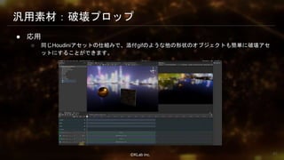 ⒸKLab inc.
汎用素材：破壊プロップ
● 応用
○ 同じHoudiniアセットの仕組みで、添付gifのような他の形状のオブジェクトも簡単に破壊アセ
ットにすることができます。
60
 