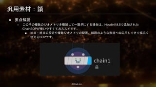 ⒸKLab inc.
汎用素材：鎖
● 要点解説
○ この手の複数のジオメトリを複製して一繋ぎにする場合は、Houdini18.5で追加された
ChainSOPが使いやすくておススメです。
■ 始点・終点の設定や複数ジオメトリの配置、線路のような形状への応用もできて幅広く
使えるSOPです。
70
 