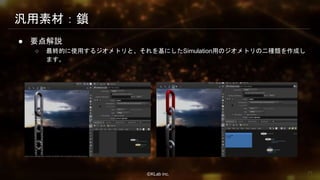 ⒸKLab inc.
汎用素材：鎖
● 要点解説
○ 最終的に使用するジオメトリと、それを基にしたSimulation用のジオメトリの二種類を作成し
ます。
71
 