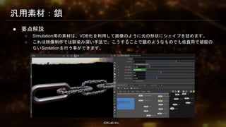 ⒸKLab inc.
汎用素材：鎖
● 要点解説
○ Simulation用の素材は、VDB化を利用して画像のように元の形状にシェイプを詰めます。
○ これは映像制作では馴染み深い手法で、こうすることで鎖のようなものでも低負荷で破綻の
ないSimlationを行う事ができます。
72
 