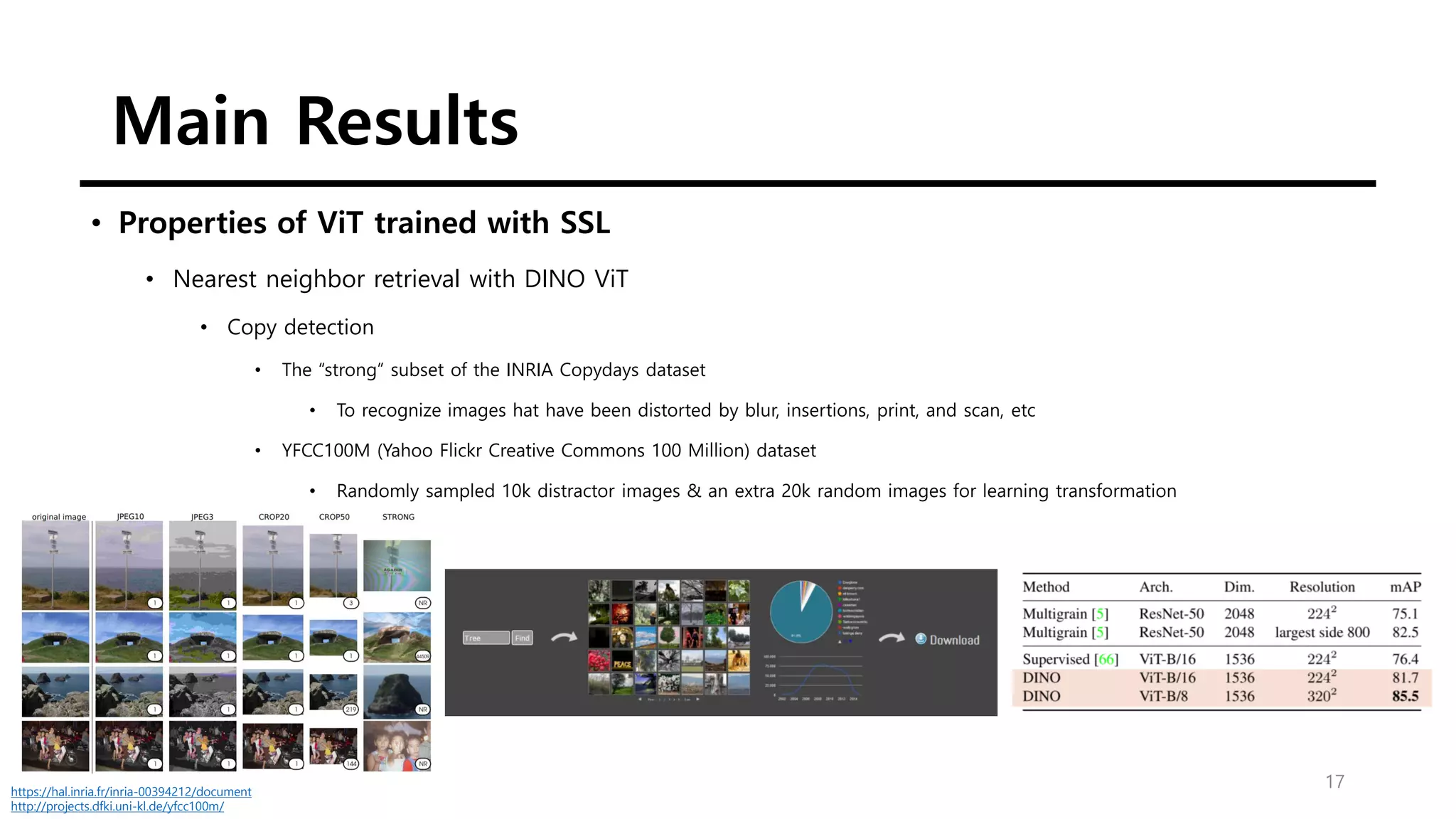 Main Results
17
• Properties of ViT trained with SSL
• Nearest neighbor retrieval with DINO ViT
• Copy detection
• The “strong” subset of the INRIA Copydays dataset
• To recognize images hat have been distorted by blur, insertions, print, and scan, etc
• YFCC100M (Yahoo Flickr Creative Commons 100 Million) dataset
• Randomly sampled 10k distractor images & an extra 20k random images for learning transformation
https://hal.inria.fr/inria-00394212/document
http://projects.dfki.uni-kl.de/yfcc100m/
 