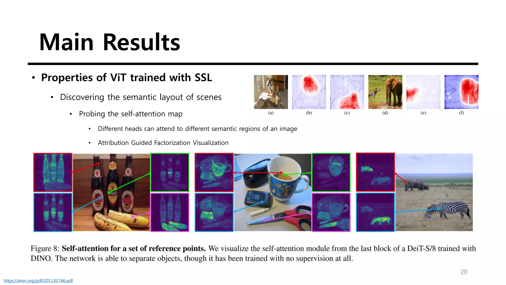 Main Results
20
• Properties of ViT trained with SSL
• Discovering the semantic layout of scenes
• Probing the self-attention map
• Different heads can attend to different semantic regions of an image
• Attribution Guided Factorization Visualization
https://arxiv.org/pdf/2012.02166.pdf
 
