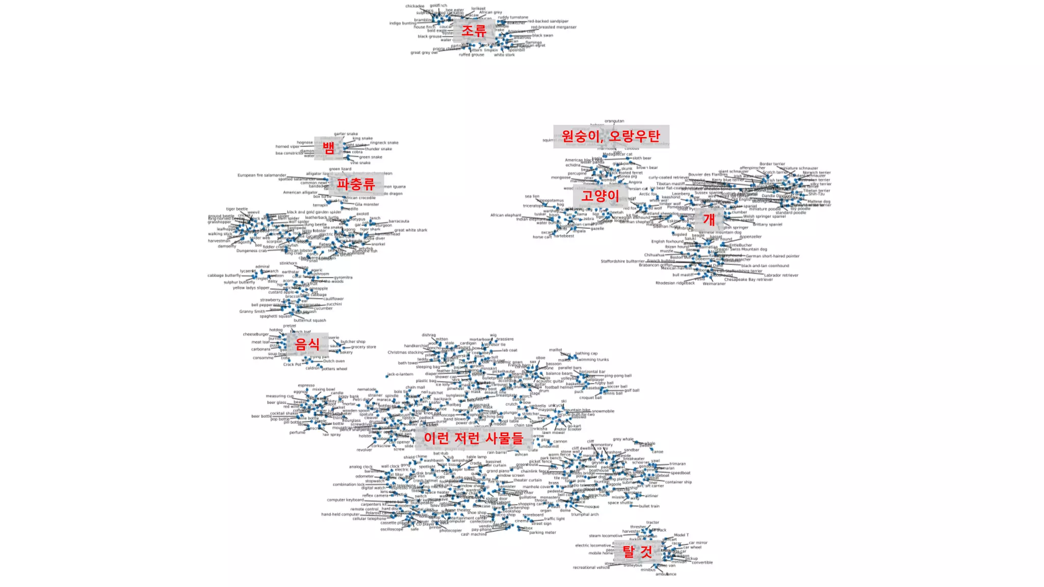 조류
뱀
파충류
원숭이, 오랑우탄
고양이
개
탈 것
이런 저런 사물들
음식
 