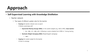 Approach
8
• Self-Supervised Learning with Knowledge Distillation
• Teacher network
• Two types of different update rules for the teacher
• Freezing the teacher network over an epoch
→ Works surprisingly well!
• Exponential Moving Average (EMA) on the student weights (e.g., MoCo, BYOL, mean teacher)
• 𝜽𝒕 ← 𝝀𝜽𝒕 + 𝟏 − 𝝀 𝜽𝒔, with 𝜆 following a cosine schedule from 0.996 to 1 during training
• Stochastic Weight Averaging (SWA) (Polyak-Ruppert averaging)
• Well….
• Copying the student weight for the teacher
→ Fails to converge
 