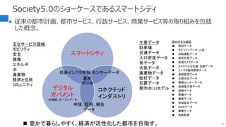 Society5.0のショーケースであるスマートシティ
 従来の都市計画、都市サービス、行政サービス、商業サービス等の取り組みを包括
した概念。
12
 豊かで暮らしやすく、経済が活性化した都市を目指す。
スマートシティ
コネクテッド
インダストリ
デジタル
ガバメント
(台帳類、オープンデータ)
社会インフラ情報 センサーデータ
申請、証明、報告
データ
基本
データ
主要データ
駐車場
交通データ
人口密度データ
音データ
大気データ
廃棄物データ
街灯データ
犯罪データ
都市の3Dモデル
主なサービス領域
モビリティ
安全
健康
エネルギ
水
廃棄物
経済と住居
コミュニティ
国内の主な実証
 施設データ
 モビリティデータ（人流）
 自動運転データ
 信号灯色データ
 街頭カメラデータ
 カメラによる交通・活動データ
 インフラ維持管理データ
 道路管理データ
 水路水位データ
 環境センサーデータ
 地域電力等データ
 清掃データ
 警備データ
 購買データ
 地域産品データ
 ＳＮＳデータ
 健康データ
 鳥獣監視
 