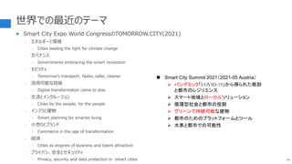 世界での最近のテーマ
 Smart City Expo World CongressのTOMORROW.CITY(2021)
- エネルギーと環境
‣ Cities leading the fight for climate change
- ガバナンス
‣ Governments embracing the smart revolution
- モビリティ
‣ Tomorrow’s transport: faster, safer, cleaner
- 活用可能な技術
‣ Digital transformation came to stay
- 生活とインクルージョン
‣ Cities by the people, for the people
- インフラと建物
‣ Smart planning for smarter living
- 小売りとブランド
‣ Commerce in the age of transformation
- 経済
‣ Cities as engines of business and talent attraction
- プライバシ、安全とセキュリティ
‣ Privacy, security and data protection in smart cities 14
 Smart City Summit 2021（2021-05 Austria）
 パンデミック「COVID-19」から得られた教訓
と都市のレジリエンス
 スマート地域とローカルソリューション
 循環型社会と都市の役割
 グリーンで持続可能な建物
 都市のためのプラットフォームとツール
 水素と都市での可能性
 