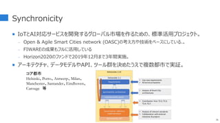 Synchronicity
 IoTとAI対応サービスを開発するグローバル市場を作るための、標準活用プロジェクト。
- Open & Agile Smart Cities network (OASC)の考え方や技術をベースにしている.。
- FIWAREの成果もフルに活用している
- Horizon2020のファンドで2019年12月まで3年間実施。
 アーキテクチャ、データモデルやAPI、ツール群を決めたうえで複数都市で実証。
36
コア都市
Helsinki、Porto、Antwerp、Milan、
Manchester、Santander、Eindhoven、
Carouge 等
 
