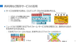再利用など既存サービスの活用
 サービスを実現する時は、ビルディング・ブロックの活用を考える。
 ニュートラルで信頼できるプラットフォーム・サービスがある場合には、提供されるもの
を活用する方法もある。
- 行政用プラットフォームのx-Road、産業界も含んだプラットフォームのGAIA-X
38
GAIA-X
X-Road
FIWARE Atomic Services
• コアなサービスの開発に集中できる
• 品質高いサービスが利用できる
• スケールしやすい
• アプリ生存率が高い
 