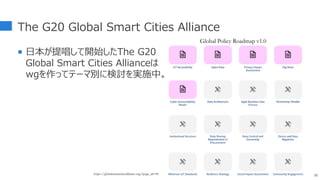 The G20 Global Smart Cities Alliance
 日本が提唱して開始したThe G20
Global Smart Cities Allianceは
wgを作ってテーマ別に検討を実施中。
58
https://globalsmartcitiesalliance.org/?page_id=90
Global Policy Roadmap v1.0
 