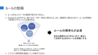 ルールの整備
 ルールがないとデータの連携や取引ができない。
 Society5.0の中では、様々なデータが一体的に扱われる。また、連鎖的に扱われるので、ルールを明確か
つ管理しやすくしていく必要がある。
 ２０００個問題を議論している場合ではない 73
合成したしたデータは
最も厳しいルールにあわさざるを得ない
ルール
C
ルール
B
ルール
A
沢山のデータを使っているときには、1つでもルールの変更が
あると、サービスが継続できなくなる可能性もある
ルールの標準化が必要
完全な標準化はできないので、修正し
て活用するときのルールを明確にする
 