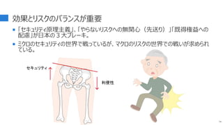 効果とリスクのバランスが重要
 「セキュリティ原理主義」、「やらないリスクへの無関心（先送り）」「既得権益への
配慮」が日本の３大ブレーキ。
 ミクロのセキュリティの世界で戦っているが、マクロのリスクの世界での戦いが求められ
ている。
74
セキュリティ
利便性
 