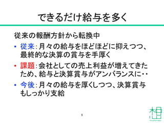 できるだけ給与を多く
従来の報酬方針から転換中
• 従来：月々の給与をほどほどに抑えつつ、
最終的な決算の賞与を手厚く
• 課題：会社としての売上利益が増えてきた
ため、給与と決算賞与がアンバランスに・・
• 今後：月々の給与を厚くしつつ、決算賞与
もしっかり支給
8
 
