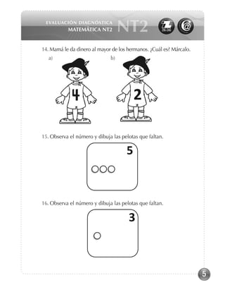 5
EVALUACIÓN DIAGNÓSTICA
Matemática NT2 NT2
14. Mamá le da dinero al mayor de los hermanos. ¿Cuál es? Márcalo.
	 a) 		 b)
15. Observa el número y dibuja las pelotas que faltan.
16. Observa el número y dibuja las pelotas que faltan.
 