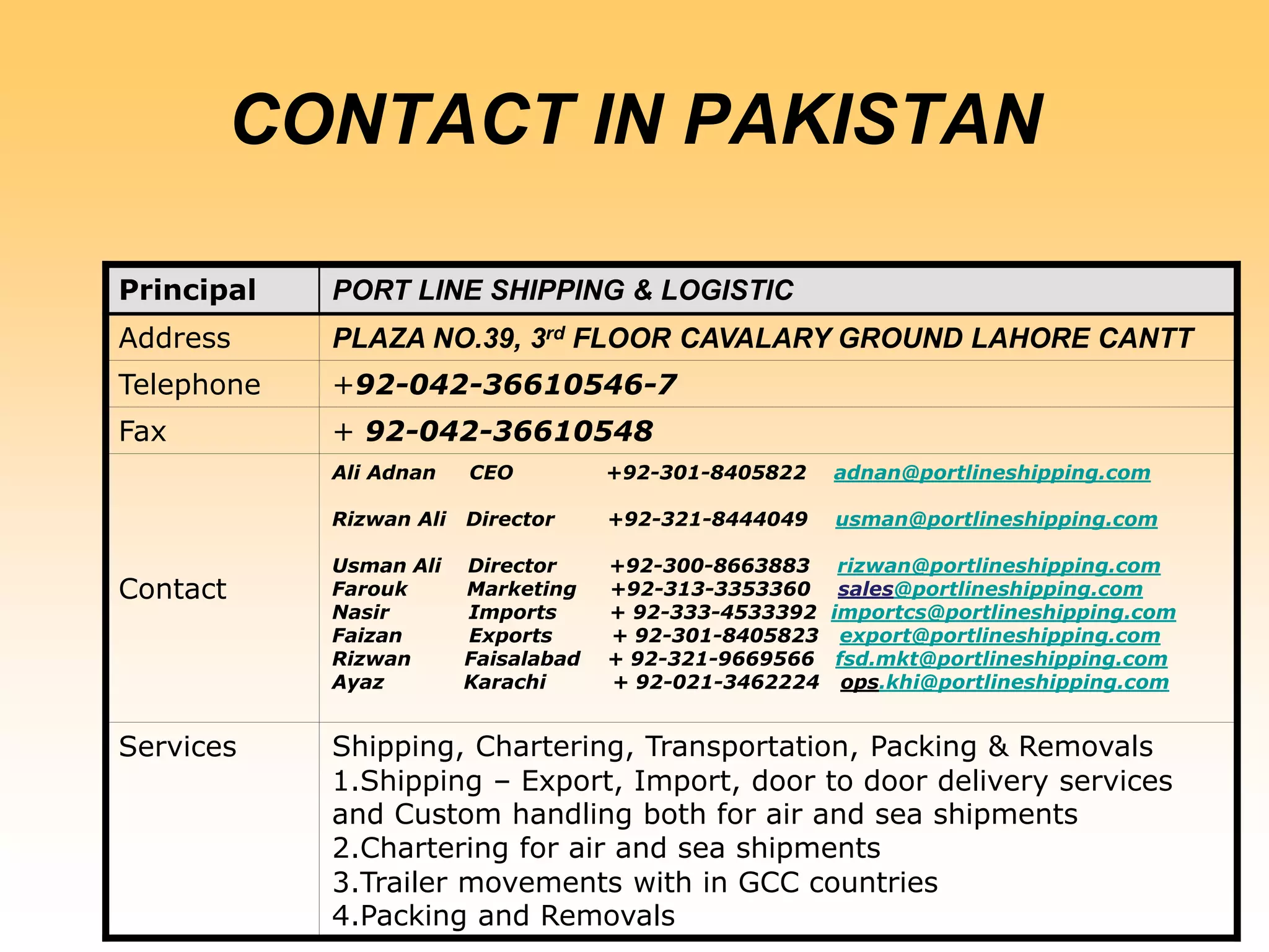 Principal PORT LINE SHIPPING & LOGISTIC
Address PLAZA NO.39, 3rd FLOOR CAVALARY GROUND LAHORE CANTT
Telephone +92-042-36610546-7
Fax + 92-042-36610548
Contact
Ali Adnan CEO +92-301-8405822 adnan@portlineshipping.com
Rizwan Ali Director +92-321-8444049 usman@portlineshipping.com
Usman Ali Director +92-300-8663883 rizwan@portlineshipping.com
Farouk Marketing +92-313-3353360 sales@portlineshipping.com
Nasir Imports + 92-333-4533392 importcs@portlineshipping.com
Faizan Exports + 92-301-8405823 export@portlineshipping.com
Rizwan Faisalabad + 92-321-9669566 fsd.mkt@portlineshipping.com
Ayaz Karachi + 92-021-3462224 ops.khi@portlineshipping.com
Services Shipping, Chartering, Transportation, Packing & Removals
1.Shipping – Export, Import, door to door delivery services
and Custom handling both for air and sea shipments
2.Chartering for air and sea shipments
3.Trailer movements with in GCC countries
4.Packing and Removals
CONTACT IN PAKISTAN
 