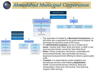 Ahmedabad Municipal Corporation
• The corporation is headed by a Municipal Commissioner, an
IAS officer who is appointed by the government of Gujarat. He
discharges the executive power of the house.
• For administrative purposes, the city is divided into 5
zones—Central, East, West, North and South. In 2006, a new
zone has been formed, named the "New West Zone.“
• Vision- Vibrant, productive, harmonious, sustainable and
environmental friendly, clean and livable city having a
responsive local government offering its citizens a good quality
of life.
• Function- it is responsible for certain obligatory and
discretionary services under following departments--
Health, Environmental services, Revenue, Road and
transportation, Urban poor and housing, Town planning,
Support, Other services
 