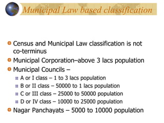 Municipal Law based classification
Census and Municipal Law classification is not
co-terminus
Municipal Corporation–above 3 lacs population
Municipal Councils –
A or I class – 1 to 3 lacs population
B or II class – 50000 to 1 lacs population
C or III class – 25000 to 50000 population
D or IV class – 10000 to 25000 population
Nagar Panchayats – 5000 to 10000 population
 