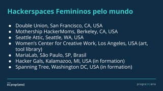Hackerspaces Femininos pelo mundo
● Double Union, San Francisco, CA, USA
● Mothership HackerMoms, Berkeley, CA, USA
● Seattle Attic, Seattle, WA, USA
● Women’s Center for Creative Work, Los Angeles, USA (art,
tool library)
● MariaLab, São Paulo, SP, Brasil
● Hacker Gals, Kalamazoo, MI, USA (in formation)
● Spanning Tree, Washington DC, USA (in formation)
 