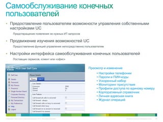 • Предоставление пользователям возможности управления собственными
     настройками UC
          Предотвращение появления не нужных ИТ-запросов

• Продвижение изучения возможностей UC
          Предоставление функций управления непосредственно пользователям

• Настройки интерфейса самообслуживания конечных пользователей
          Поставщик сервисов, клиент или «офис»


                                                                             Просмотр и изменение
                                                                                 • Настройки телефонии
                                                                                 • Пароли и ПИН-коды
                                                                                 • Ускоренный набор
                                                                                 • Мониторинг присутствия
                                                                                 • Профили доступа по единому номеру
                                                                                 • Корпоративный справочник
                                                                                 • Личная адресная книга
                                                                                 • Журнал операций




© Компания Cisco и (или) ее дочерние компании, 2010 г. Все права защищены.                          Конфиденциальная информация Cisco   106
 