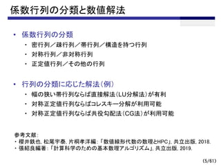 （5/61）
係数行列の分類と数値解法
• 係数行列の分類
・ 密行列／疎行列／帯行列／構造を持つ行列
・ 対称行列／非対称行列
・ 正定値行列／その他の行列
• 行列の分類に応じた解法（例）
・ 幅の狭い帯行列ならば直接解法（LU分解法）が有利
・ 対称正定値行列ならばコレスキー分解が利用可能
・ 対称正定値行列ならば共役勾配法（CG法）が利用可能
参考文献：
・ 櫻井鉄也, 松尾宇泰, 片桐孝洋編： 「数値線形代数の数理とHPC」, 共立出版, 2018.
・ 張紹良編著： 「計算科学のための基本数理アルゴリズム」, 共立出版, 2019.
 
