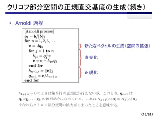 （16/61）
クリロフ部分空間の正規直交基底の生成（続き）
• Arnoldi 過程
新たなベクトルの生成（空間の拡張）
直交化
正規化
 